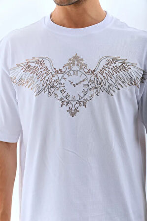 Unisex Oversize Taşlı Bisiklet Yaka Thirt  Beyaz