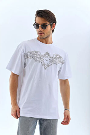 Unisex Oversize Taşlı Bisiklet Yaka Thirt  Beyaz