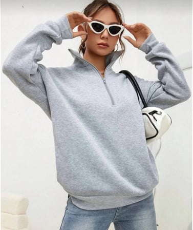 Unisex Uzun Kol Yarım Farmuarlı Yakalı Basic weathirt  Gri