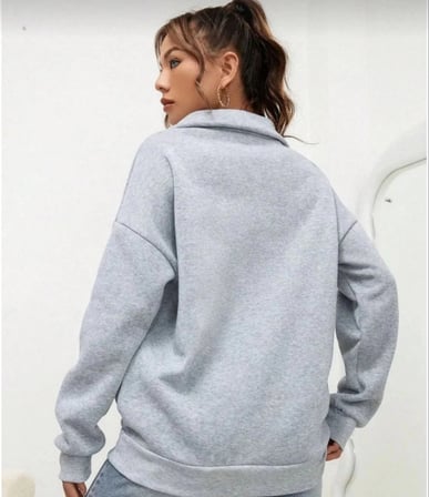 Unisex Uzun Kol Yarım Farmuarlı Yakalı Basic weathirt  Gri
