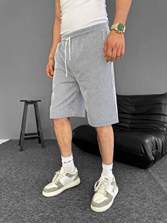 u Yolu Çizgili Cepli Şort Gri