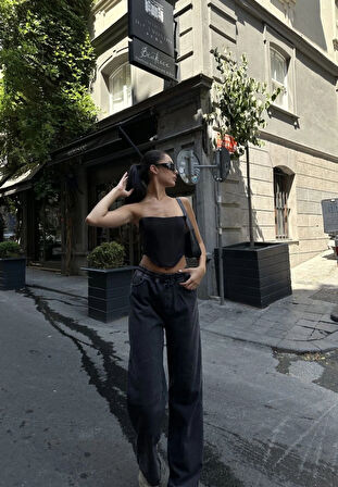 Arkadan Yırtmaçlı Jeans Kot Palazzo Pantolon  iyah