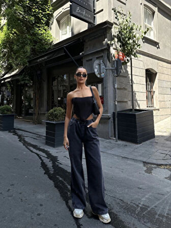 Arkadan Yırtmaçlı Jeans Kot Palazzo Pantolon  iyah