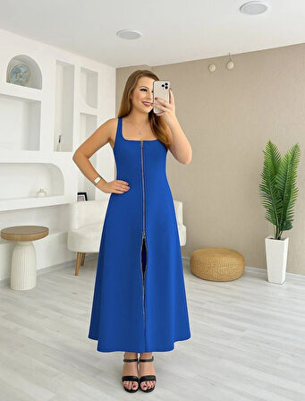 Kadın Askılı Kare Yaka önden Fermuarlı Geniş Kesim Janjan Krep Elbise