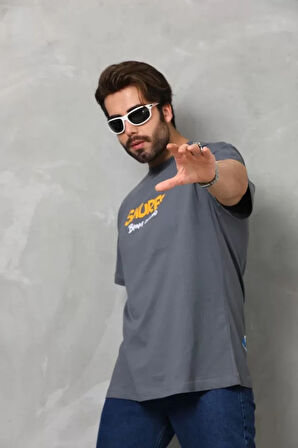 Unisex Basic Bisiklet Yaka Oversize Thirt  Füme