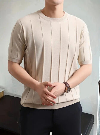 Erkek Kısa Kollu Bisiklet Yaka çizgili Triko Bluz