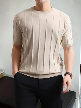 Erkek Kısa Kollu Bisiklet Yaka çizgili Triko Bluz