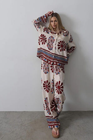 Desenli Kolları Volanlı Pantolon Takım  Kırmızı