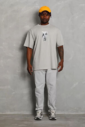 Unisex Oversize Baskılı Bisiklet Yaka Thirt  Gri