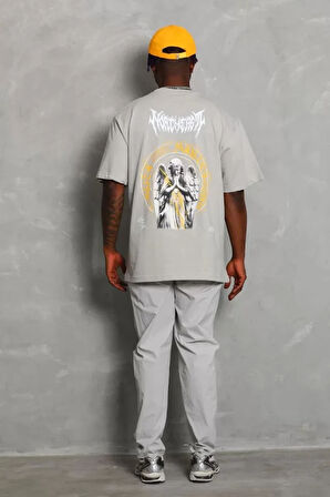 Unisex Oversize Baskılı Bisiklet Yaka Thirt  Gri