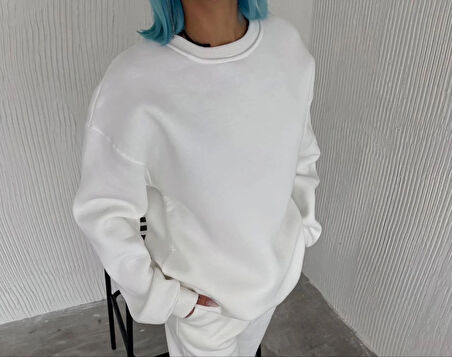 Kışlık Bisiklet Yaka Üç İplik Basic weathirt  Beyaz