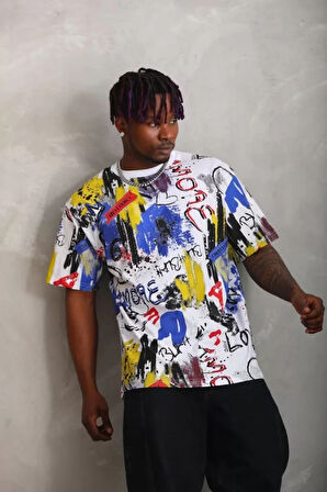 Unisex Oversize Baskılı Bisiklet Yaka Thirt  Beyaz