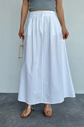 İnce Pileli Düz Etek  Beyaz