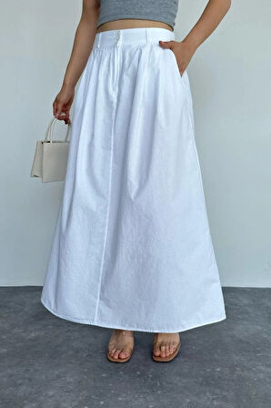 İnce Pileli Düz Etek  Beyaz