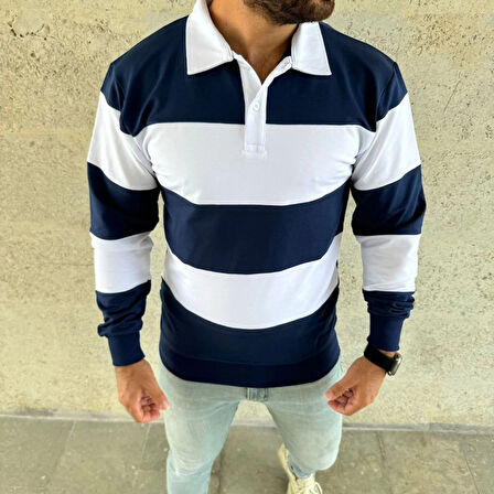 Erkek Polo Yaka Uzun Kollu Çizgili weatshirt Trend Rugby til  acivert