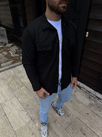 Erkek Diagonal Kumaş Cepli Çıtçıtlı Uzun Kollu, Gömlek Oversize Rahat Kalıp Günlük Şık til  iyah