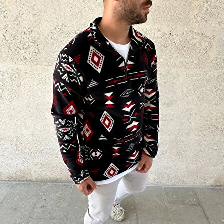 Erkek Yarım Fermuarlı Desenli Polar weat Tribal Etnik Desen Yakalı, Uzun Kollu, Oversize Rahat Kalıp,  iyah