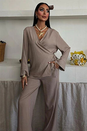 Kruvaze odel Klasik Pantolonlu Çupra Keten Takım 10191