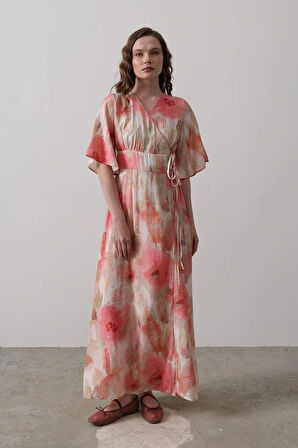 Yandan Bağlamalı Desenli Elbise  Pembe