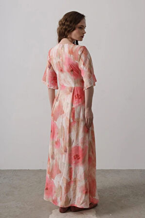 Yandan Bağlamalı Desenli Elbise  Pembe