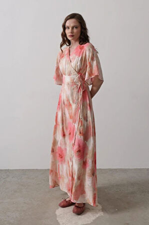 Yandan Bağlamalı Desenli Elbise  Pembe