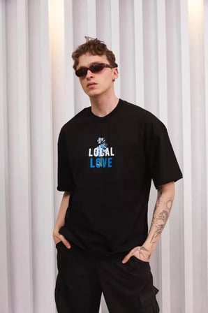Unisex Bisiklet Yaka Baskılı Oversize Thirt  iyah