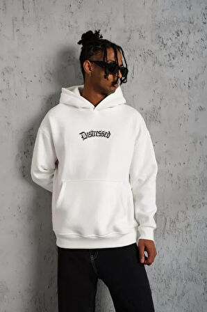 Erkek Üç İplik Baskılı Kapüşonlu  weat  Beyaz