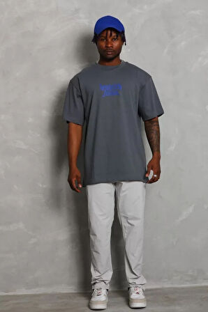 Unisex Oversize Baskılı Bisiklet Yaka Thirt  Füme