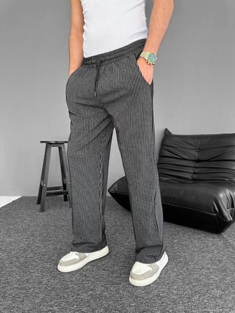 u Yolu Çizgili Cepli Pantalon  iyah