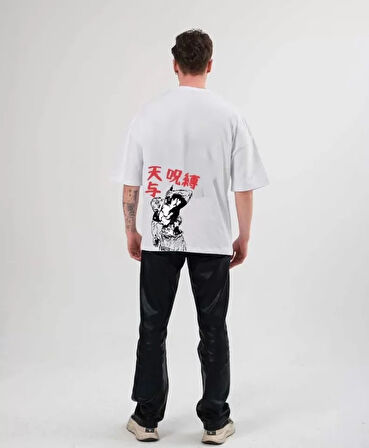 Unisex Bisiklet Yaka Baskılı Oversize Thirt  Beyaz