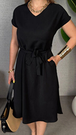 Kadın Kısa Kollu V Yakalı Beli Kuşaklı Ithal Keten Elbise