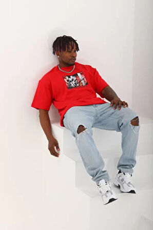 Unisex Oversize Baskılı Bisiklet Yaka Thirt  Kırmızı