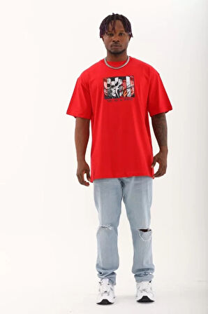 Unisex Oversize Baskılı Bisiklet Yaka Thirt  Kırmızı