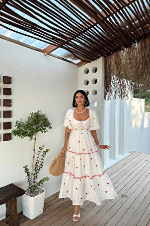 Nar Çiçeği Dantel Detaylı Brode Elbise