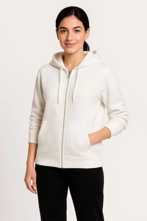 Üç İplik Kapüşonlu Tam Fermuarlı Kanguru Çepli weathirt Hoodie  Beyaz