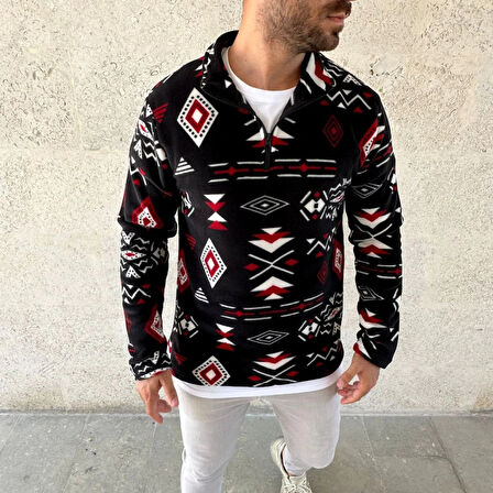 Erkek Yarım Fermuarlı Desenli Polar weat Tribal Etnik Desen Yakalı, Uzun Kollu, Oversize Rahat Kalıp,  iyah