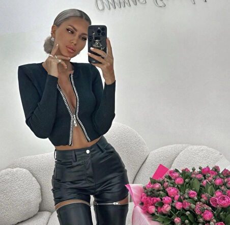 Kadın Kaşkorse Kumaş Zincirli Çift Fermuarlı Fırsat Ürün Bluz