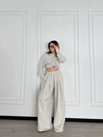 Uzun Kollu Önü İp Büzgülü  Crop Ve Pantolon İkili Takım  Gri
