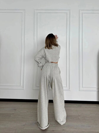 Uzun Kollu Önü İp Büzgülü  Crop Ve Pantolon İkili Takım  Gri