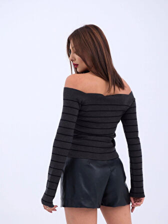 4206 TRİKO ÇİZGİLİ KAYIK YAKA CROPANTRASİTSİYAH