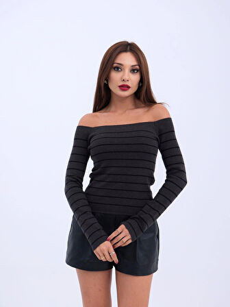 4206 TRİKO ÇİZGİLİ KAYIK YAKA CROPANTRASİTSİYAH