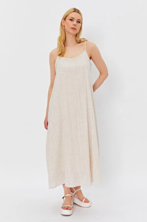Askılı Uzun Çan Elbise  Natür