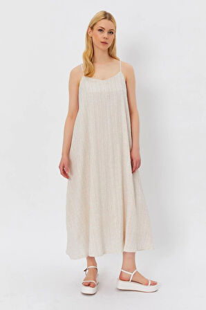 Askılı Uzun Çan Elbise  Natür