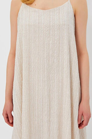 Askılı Uzun Çan Elbise  Natür