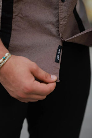 Erkek şerit Detaylı Uzun Kollu Pamuklu Keten Gömlek