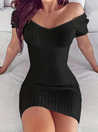 Kadın Kısa Kollu V Yaka Fitilli Triko Elbise