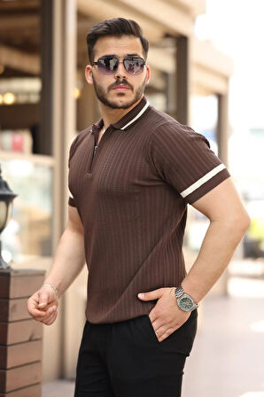 Erkek Yaka Ve Kolları çizgi Detaylı Fermuarlı Kısa Kollu Tshirt