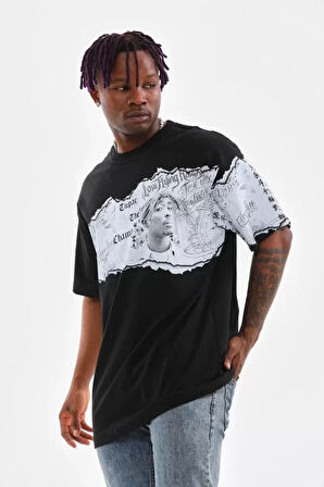 Unisex Bisiklet Yaka Baskılı Oversize Thirt  iyah