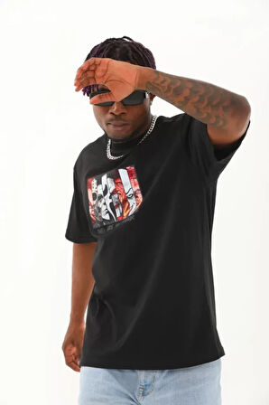 Unisex Oversize Baskılı Bisiklet Yaka Thirt  iyah