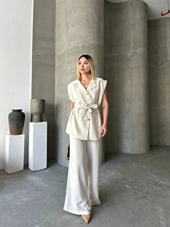 Keten ıfır Kol Kuşaklı Ceket Pantolon Ikili Takım  Beyaz